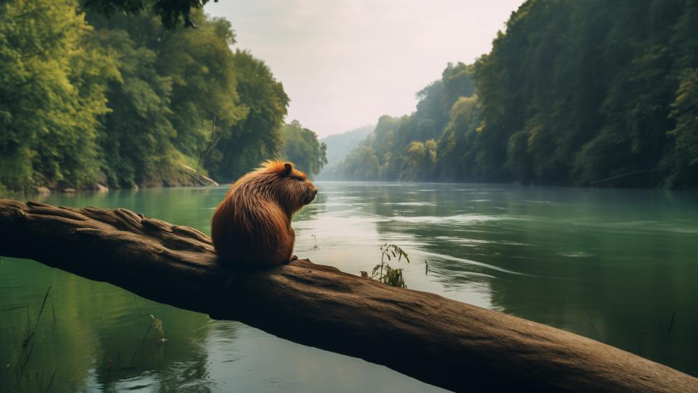 Capybara Contemplation by the River wallpaper