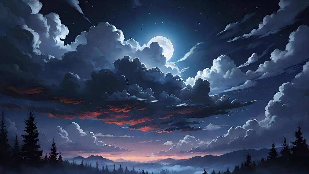 Mystical Moonlit Sky Over Misty Mountains wallpaper