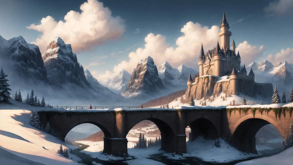 Enchanted Winter Castle Amidst Snowy Peaks wallpaper