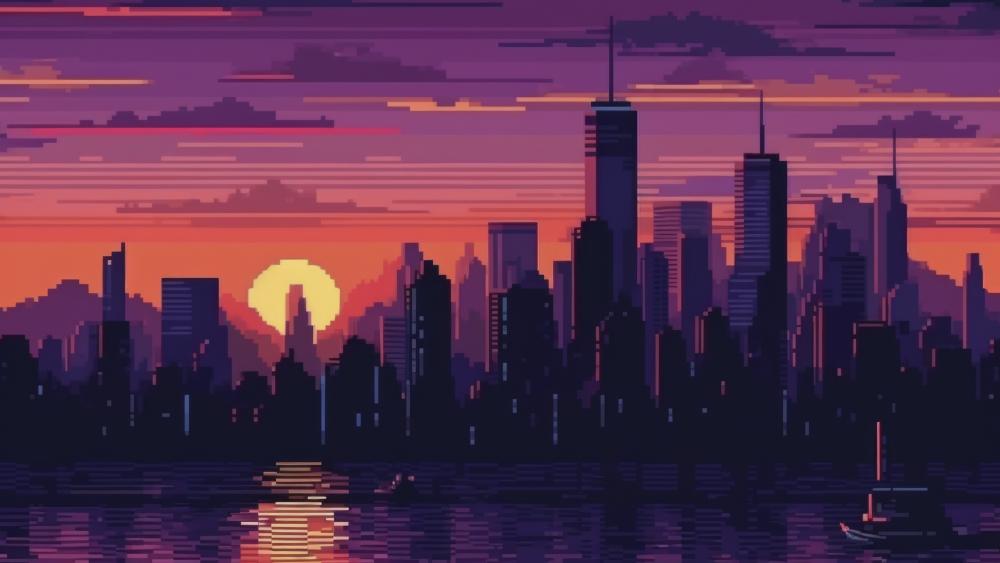 Retro Pixel Sunset Over Digital Metropolis wallpaper