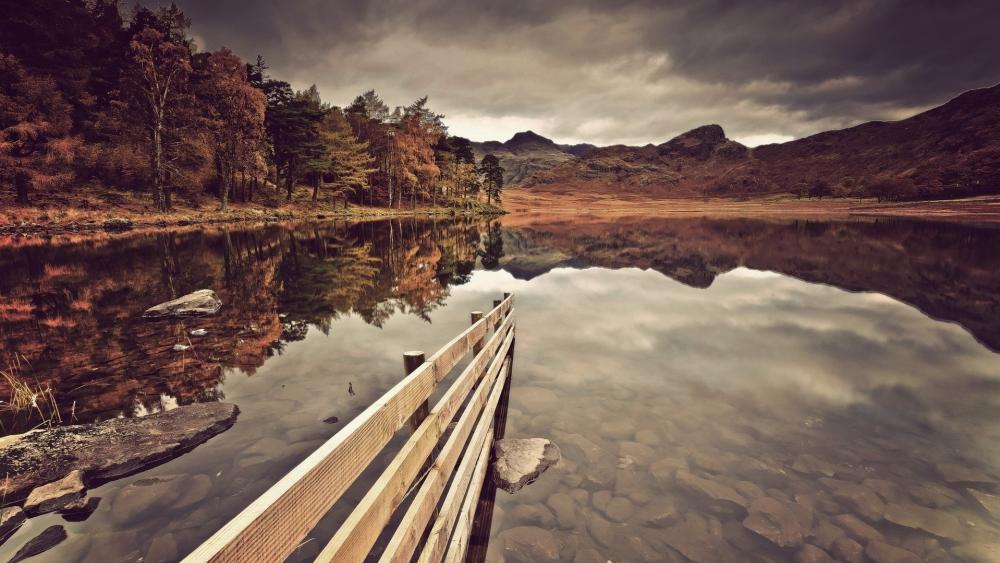 Tranquil Lake in Sepia Serenity wallpaper