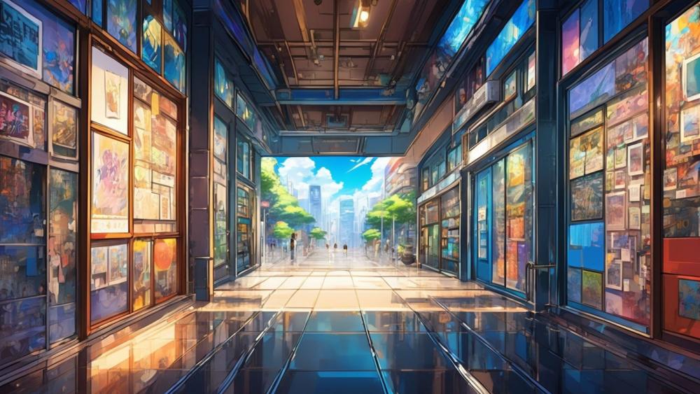 Anime Museum Hallway Bathed in Sunlight wallpaper