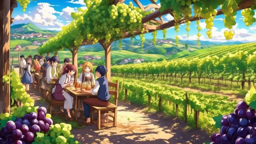 Summer Grape Harvest in Anime Vineyard wallpaper