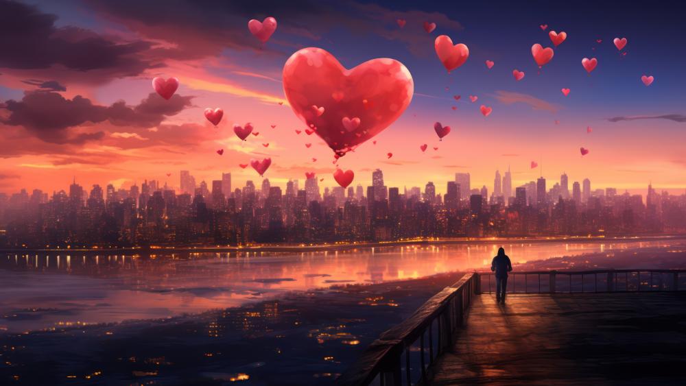 Hearts Adrift Over Twilight City wallpaper