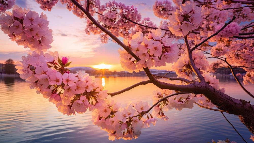 Serene Sakura Sunset by the Lake wallpaper