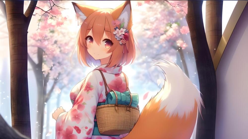 Fox Girl in Blooming Sakura Wonderland wallpaper