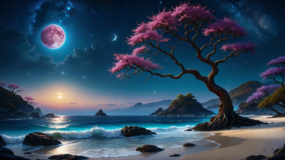 Mystical Moonlit Beach with Pink Foliage wallpaper