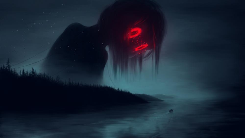Eerie Red-Eyed Demon Looms Over Silent Waters wallpaper