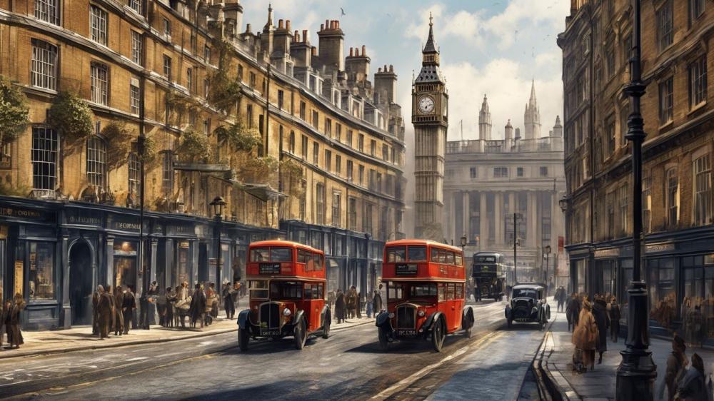 Vintage London Street with Iconic Red Buses wallpaper
