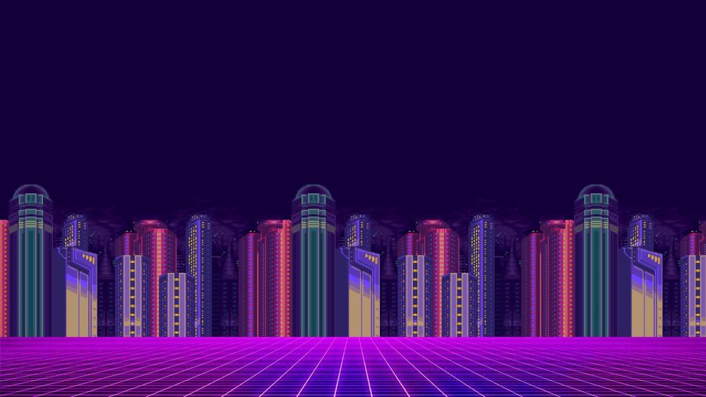 Neon Grid Cityscape at Twilight wallpaper