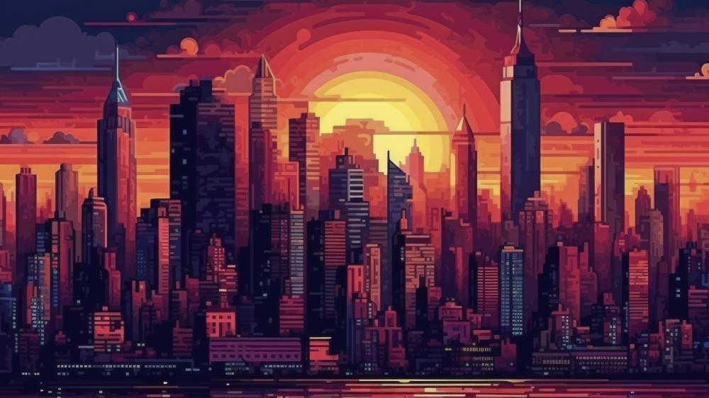 Pixel Sunset Over Retro Cityscape wallpaper
