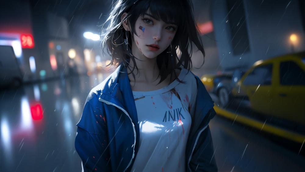 Mysterious Anime Girl in Rainy Nocturne wallpaper
