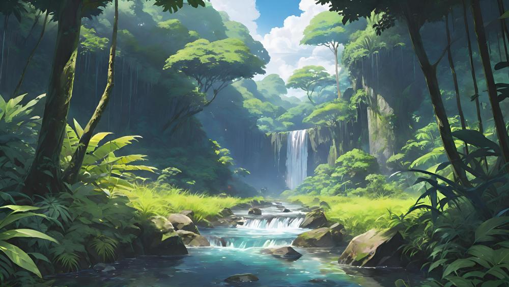 Enchanted Tropical Waterfall Sanctuary wallpaper