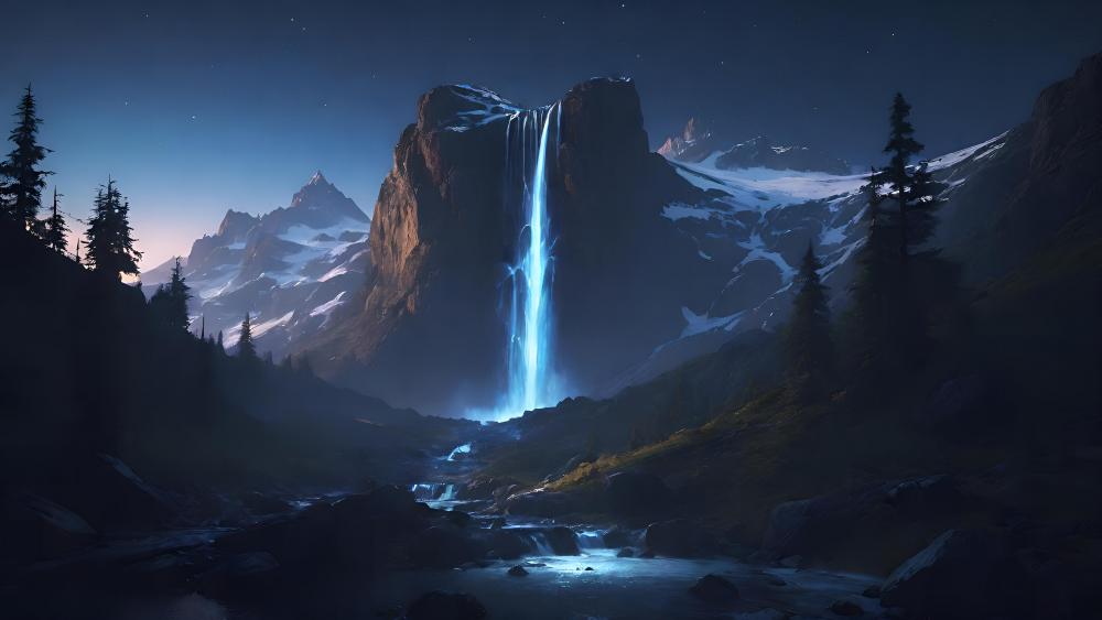 Twilight Serenity at the Mountain Waterfall wallpaper