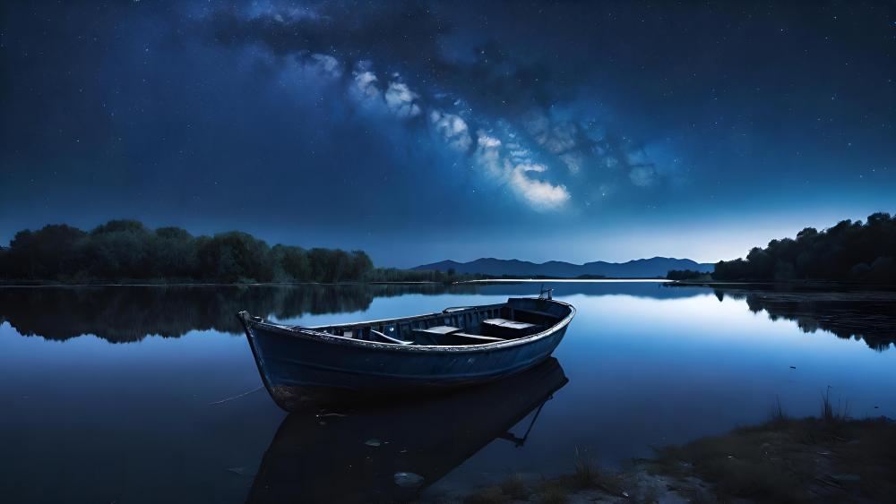 Starry Night Solitude on Serene Lake wallpaper