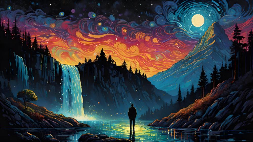 Mystical Nightfall at the Waterfall's Edge wallpaper