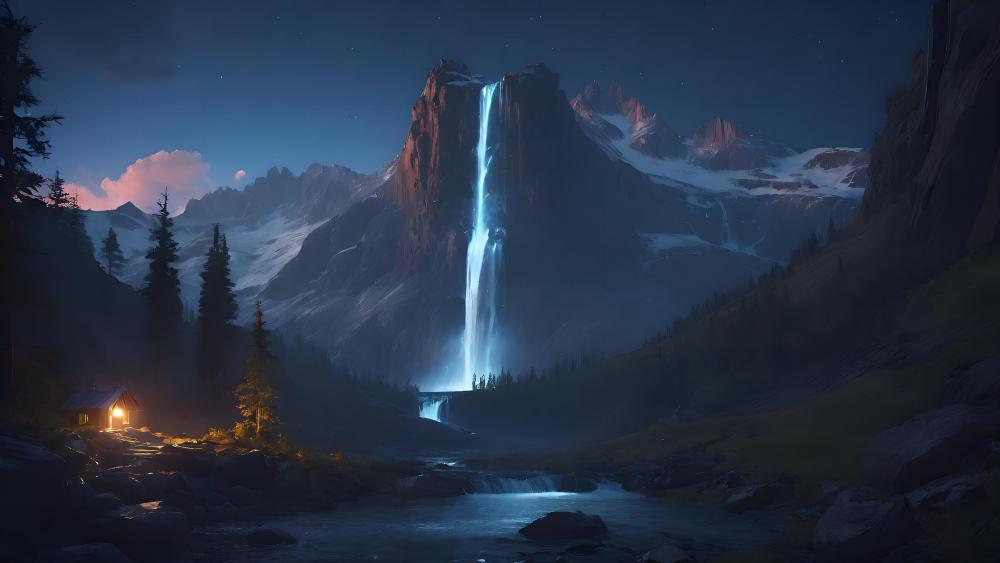 Twilight Serenity by a Mountain Waterfall wallpaper