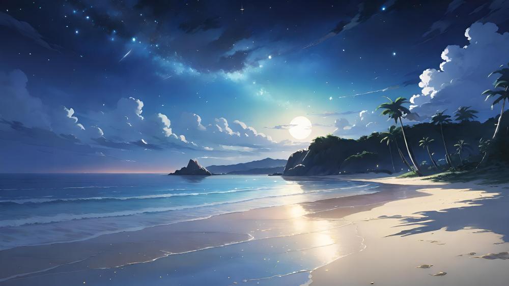 Moonlit Serenity on a Tropical Shore wallpaper
