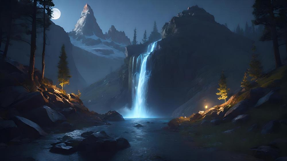 Moonlit Waterfall Sanctuary wallpaper