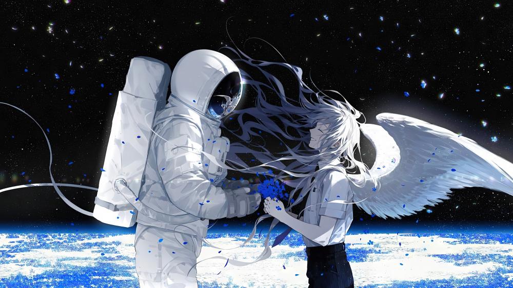 Stellar Embrace Between Angel and Astronaut wallpaper