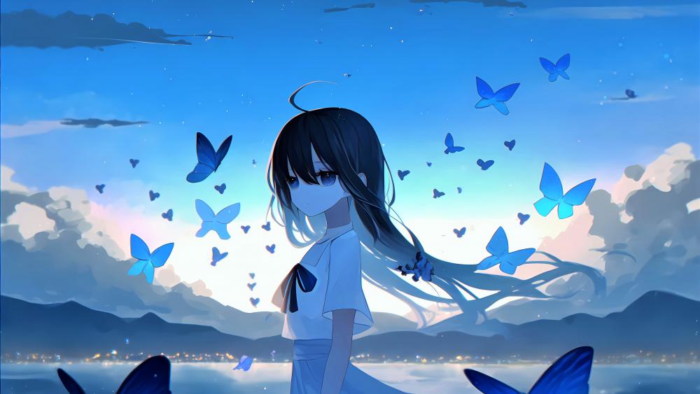 Serene Blue Twilight with Butterflies wallpaper