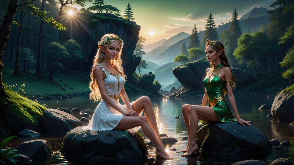 Elven Maidens at Dusk by the River wallpaper