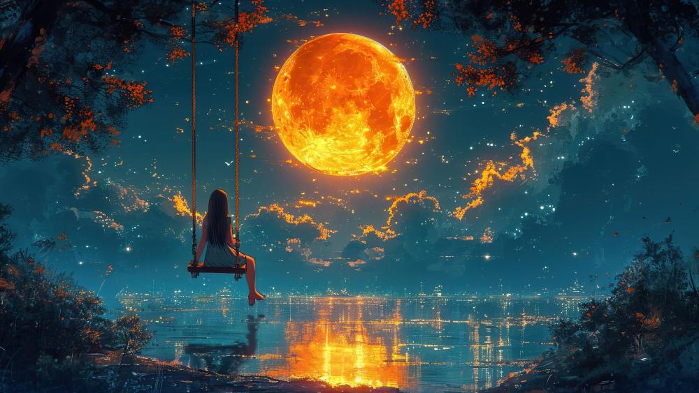 Ethereal Swing Under a Golden Moon wallpaper