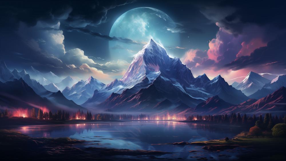Majestic Mountain under a Giant Moon wallpaper
