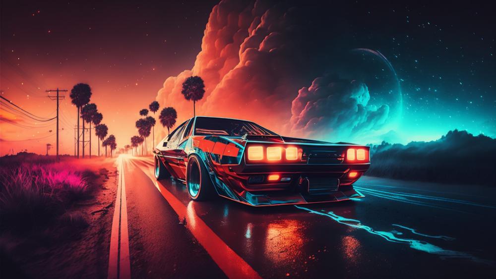 Synthwave Dreamscape with Futuristic Car wallpaper