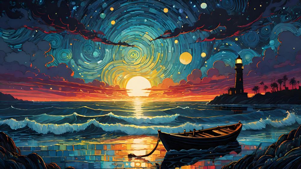Enigmatic Seashore at Sunset in Van Gogh's Vision wallpaper