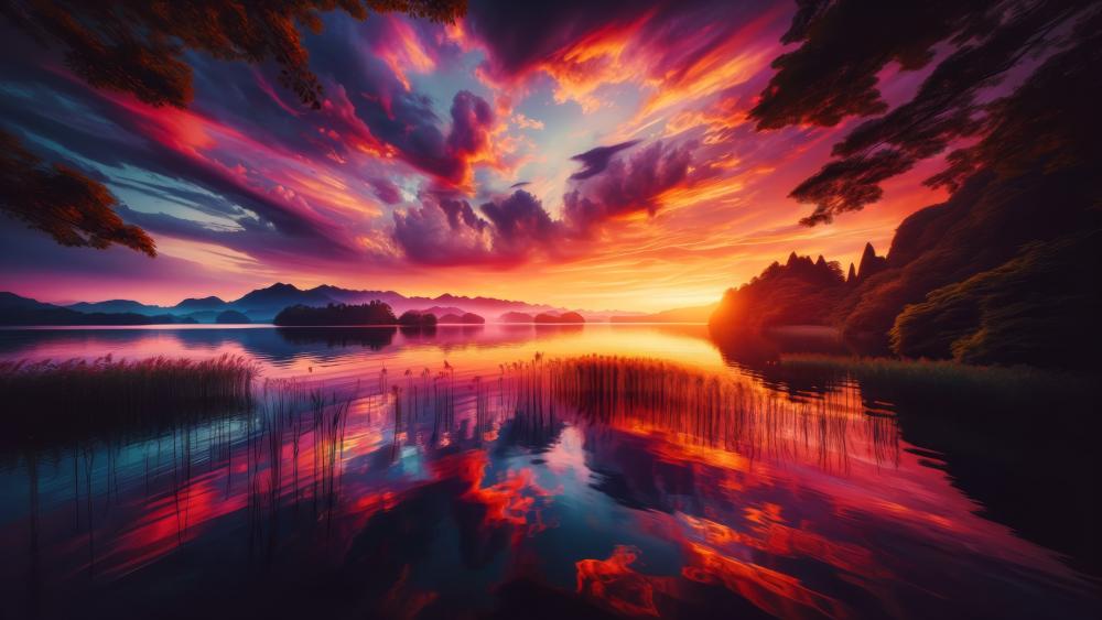 Serene lake in sunset wallpaper