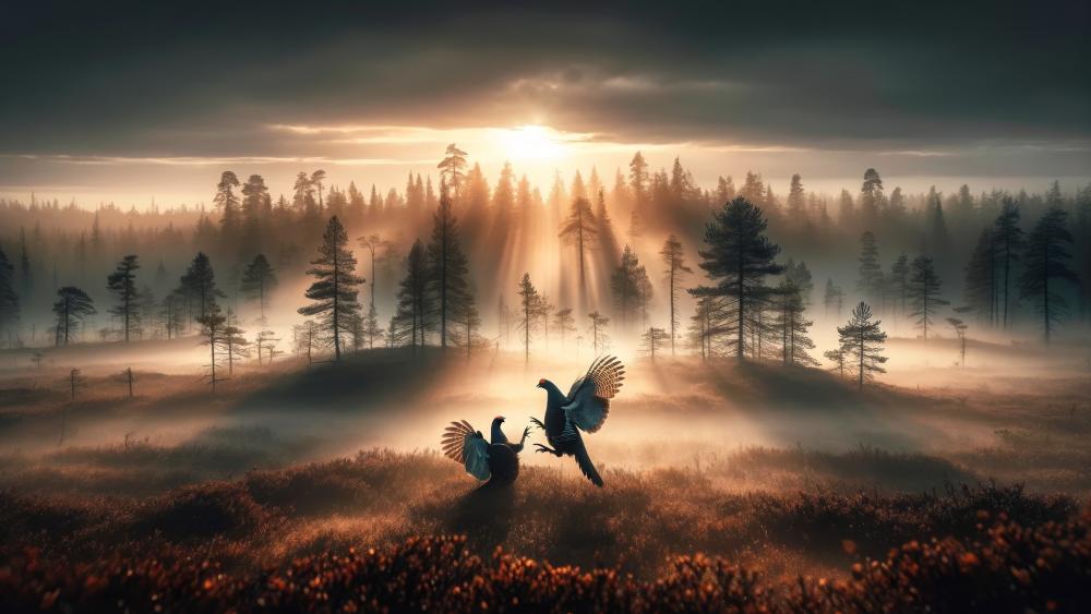 Enchanted Sunrise in Misty Forest wallpaper