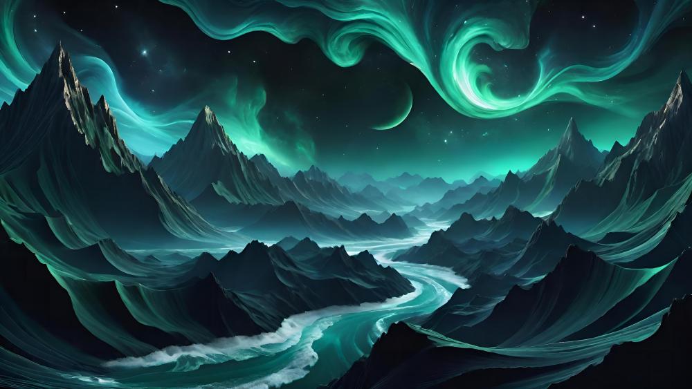 Emerald Nebula Over Alien Mountainscape wallpaper