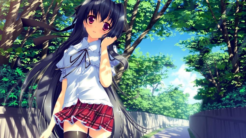 Anime Schoolgirl Stroll in Sunshine wallpaper