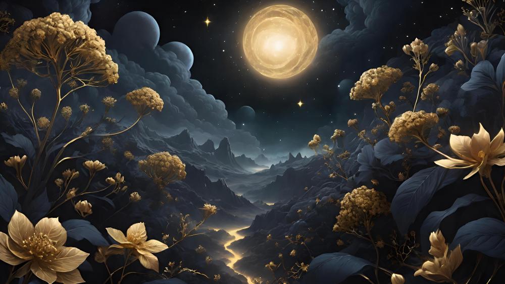Enchanted Floral Valley by Moonlight wallpaper