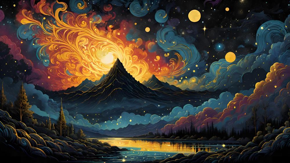 Mystical Nightscape at Twilight's Lake wallpaper