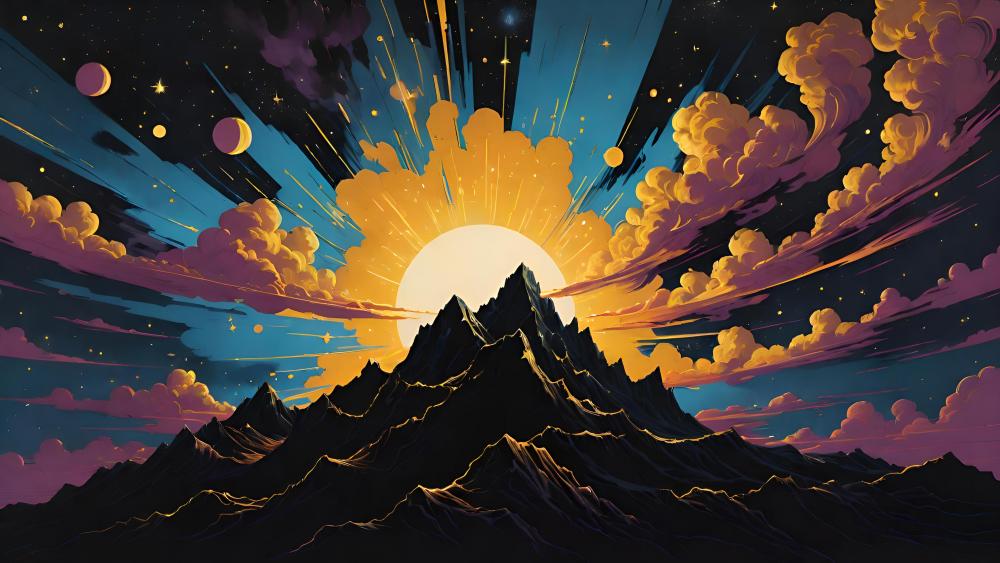 Cosmic Sunset Over Mystic Peaks wallpaper