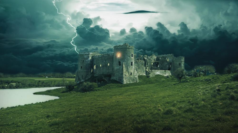 Mystical Ruins Under Stormy Skies wallpaper