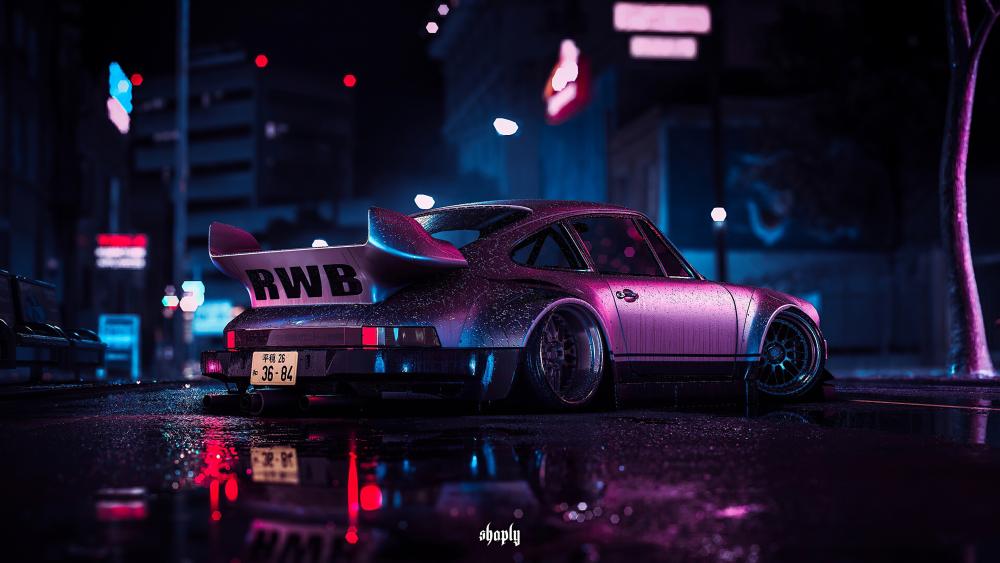 Porsche Under Neon Rain wallpaper
