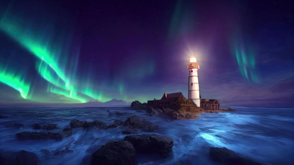 Lighthouse Beacon under Aurora Borealis Glow wallpaper