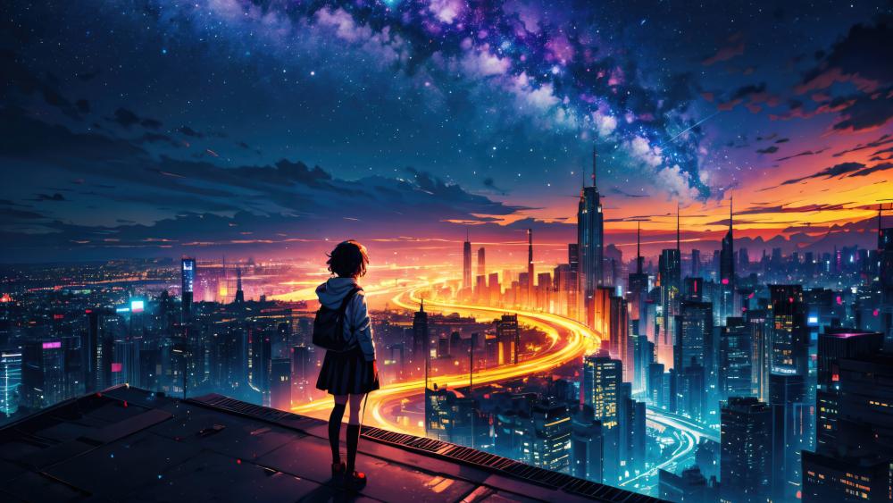 Starry Night Over Anime Metropolis wallpaper