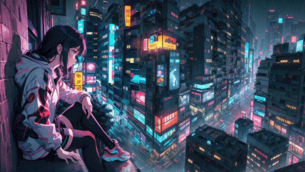 Anime Girl Contemplating in a Neon-Lit City wallpaper