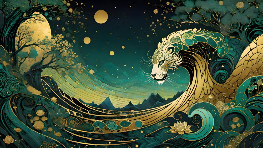 Mystical Golden Serpent Amongst Celestial Gardens wallpaper