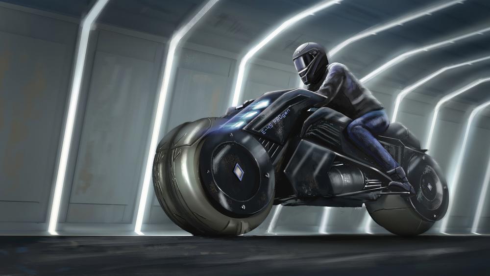 Futuristic Motorcycle Racing Through Neon Corridor wallpaper