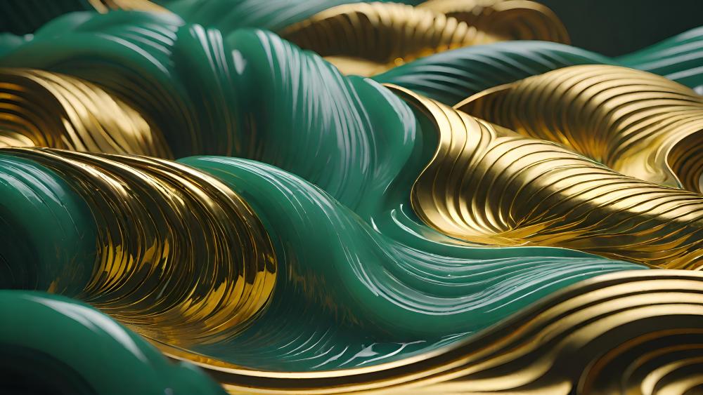Lustrous Emerald and Gold Waves wallpaper