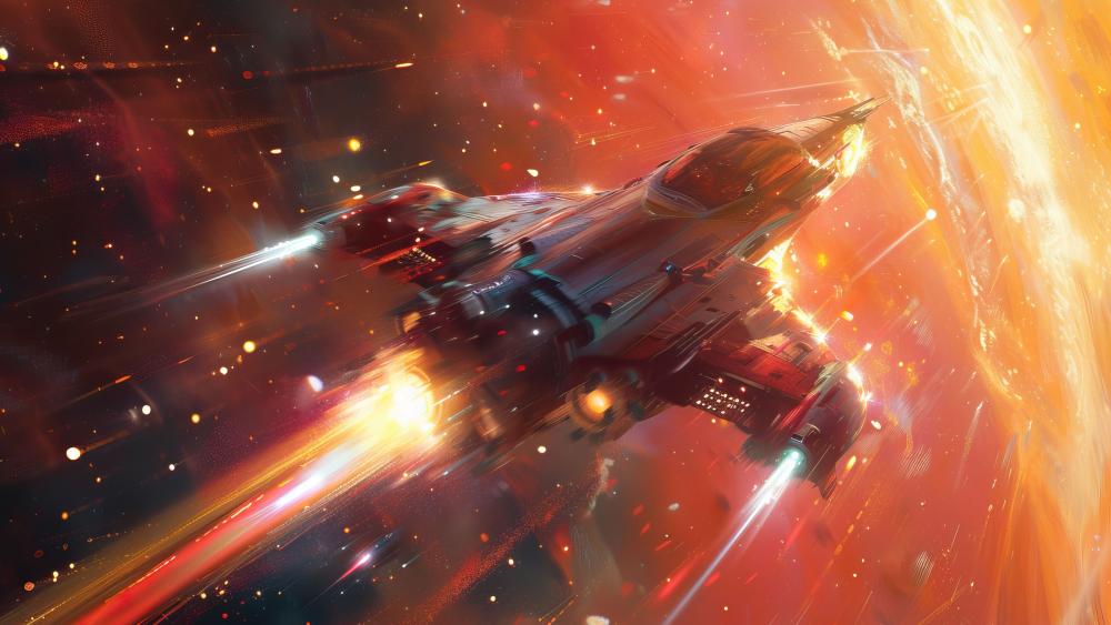 Starship Soaring Through Cosmic Blaze wallpaper