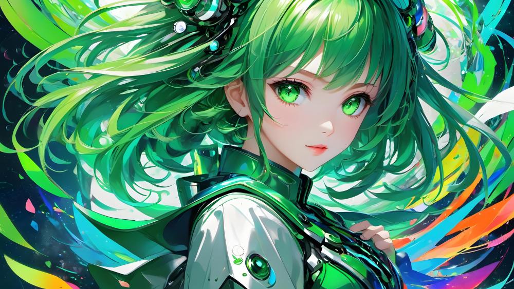 Emerald-Haired Anime Enchantress wallpaper