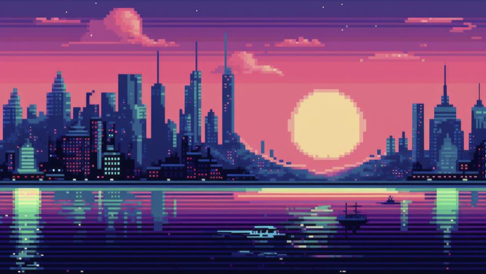 8-Bit City Sunset Reflection wallpaper