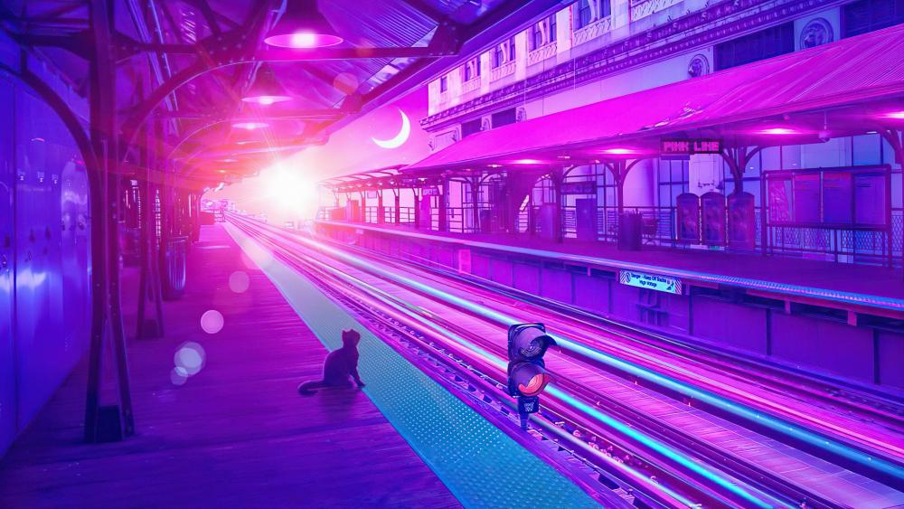 Futuristic Synthwave Cat at Train Station wallpaper