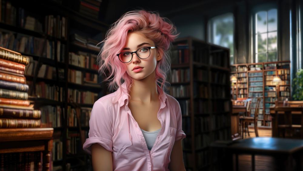 Pink-Haired Scholar Amidst Books wallpaper